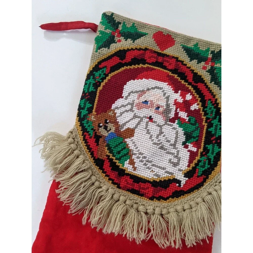 Vintage Needlepoint Santa Stocking Fringe Red Velvet Back Teddy Bear‎ Christmas